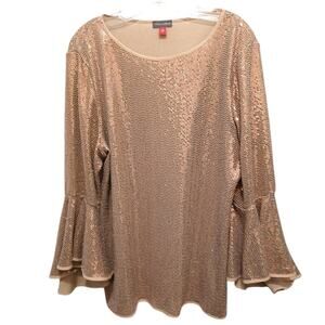 Vince Camuto Shimmer Top Sz XL Rose Gold Metallic Shiny Long Bell Sleeves Party